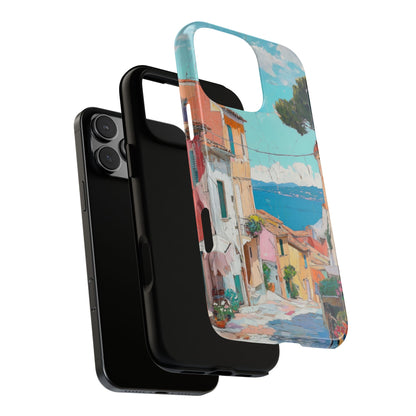 Mediterranean Lane Tough Phone Case with Coastal Village Seaside Design