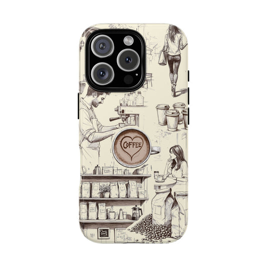 Café Culture Coffee Lover Sketch Tough Phone Case - Sketched Coffee Scenes for iPhone, Samsung & Google Pixel, Check Description for Models