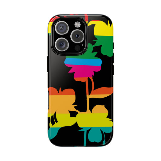 Rainbow Wildflower Tough Phone Case - Retro Pop Art Floral on Black, Fits iPhone, Samsung Galaxy & Google Pixel, Various Models