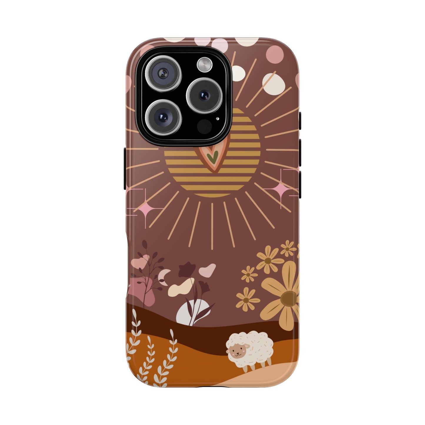 Boho Aesthetic Phone Case - Earthy Browns with Sun, Sheep & Retro Florals for iPhone, Samsung and Google Pixel, Various Models