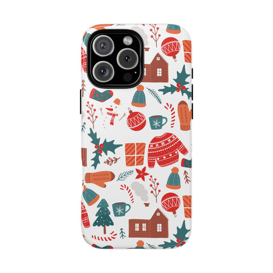 Cozy Cabin Christmas Tough Phone Case - Festive Pattern with Winter Hats & Sweaters