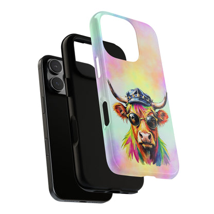 Pop Art Highland Cow Phone Case - Rainbow Hair & Sunglasses - Bold Comic Style Tough Case
