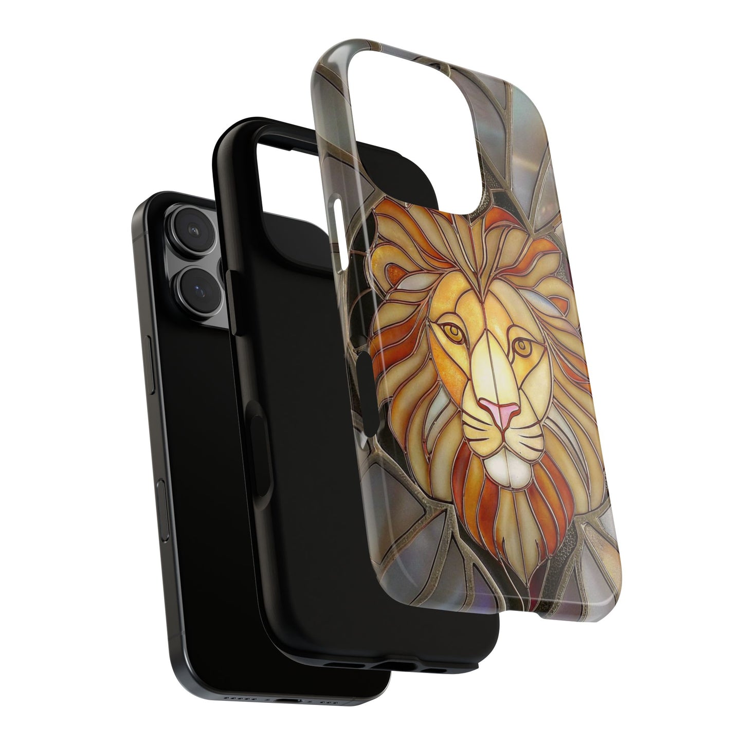 Stained Glass Lion Face Tough Phone Case - Iridescent Mosaic in Fiery Orange Tones for iPhone 16 to X Pro Max, Samsung S25 to S10 Plus Ultra
