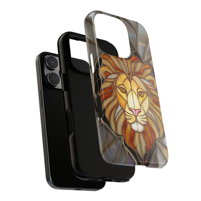 Stained Glass Lion Face Tough Phone Case - Iridescent Mosaic in Fiery Orange Tones for iPhone 16 to X Pro Max, Samsung S25 to S10 Plus Ultra
