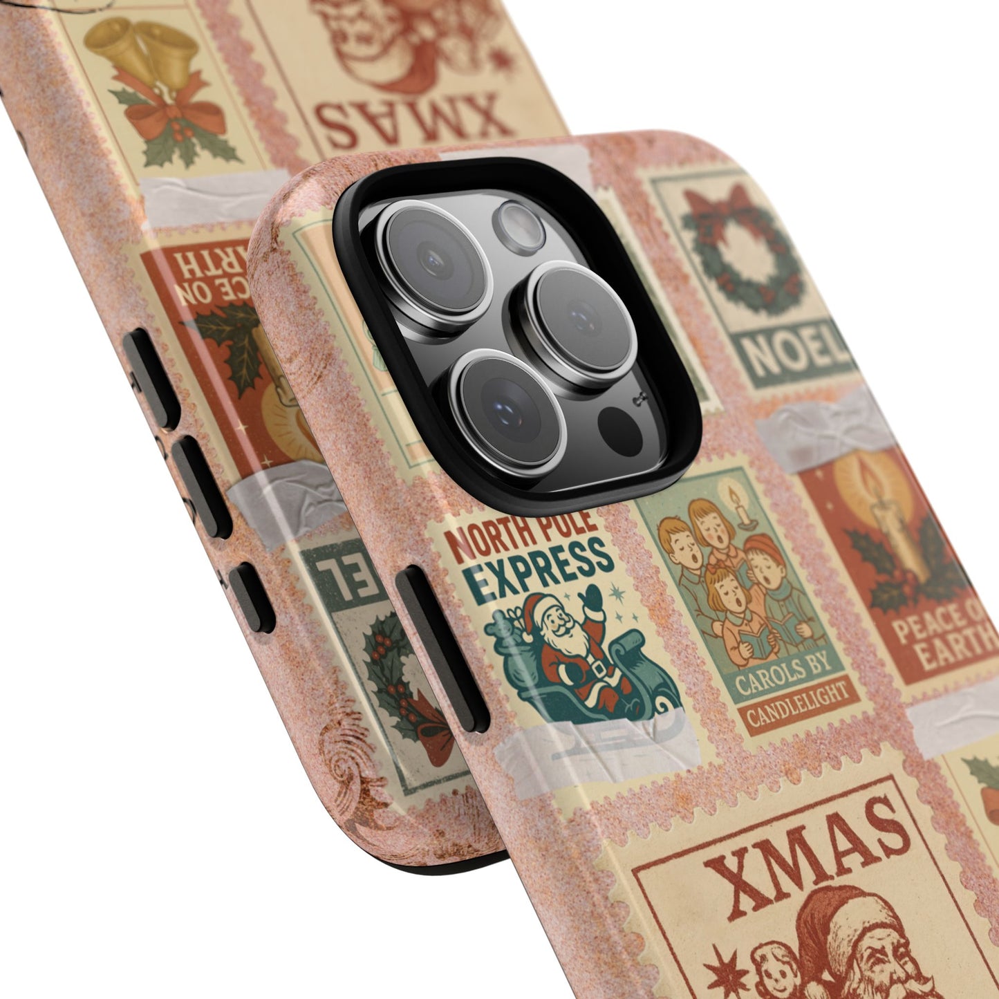 Vintage Christmas Postcard Collage Phone Case - Retro Xmas Stamps Design - Santa Candle Bells Wreath