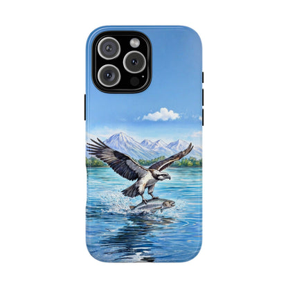 Osprey Fishing Scene Tough Phone Case - Mountain Lake Wildlife Design - Bird Illustration With Salmon Nature Art Cover