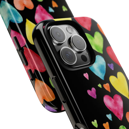 Rainbow Hearts Phone Case - Colorful Watercolor Heart Design on Black Background - Tough Protective Case