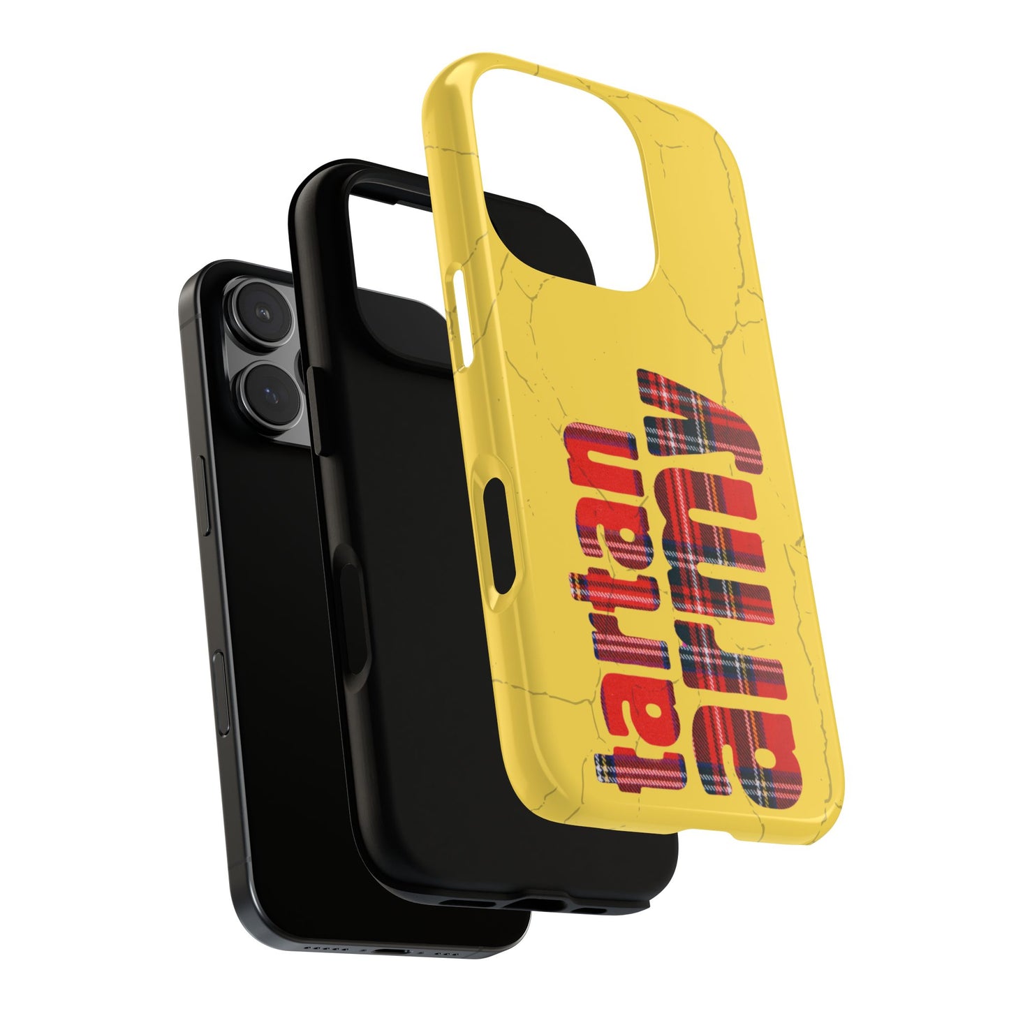 Tartan Army Phone Case - Bold Yellow Cracked Design with Scottish Plaid Text