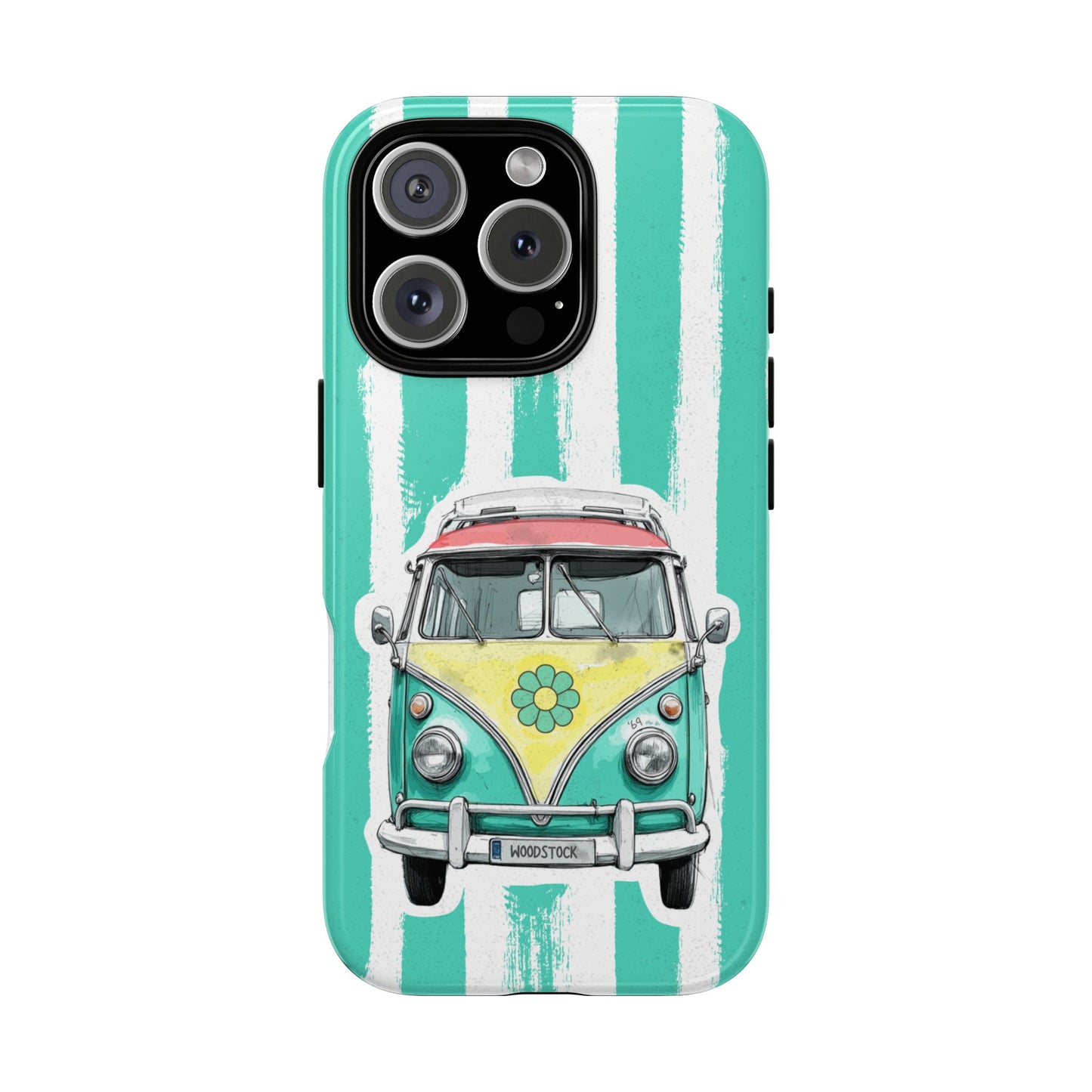 Retro Camper Van Tough Phone Case - Woodstock Hippie Bus Design on Turquoise Stripes