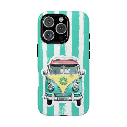 Retro Camper Van Tough Phone Case - Woodstock Hippie Bus Design on Turquoise Stripes