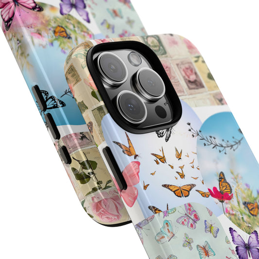 Cottagecore Butterfly Tough Phone Case - Vintage Floral Stamp Collage Art