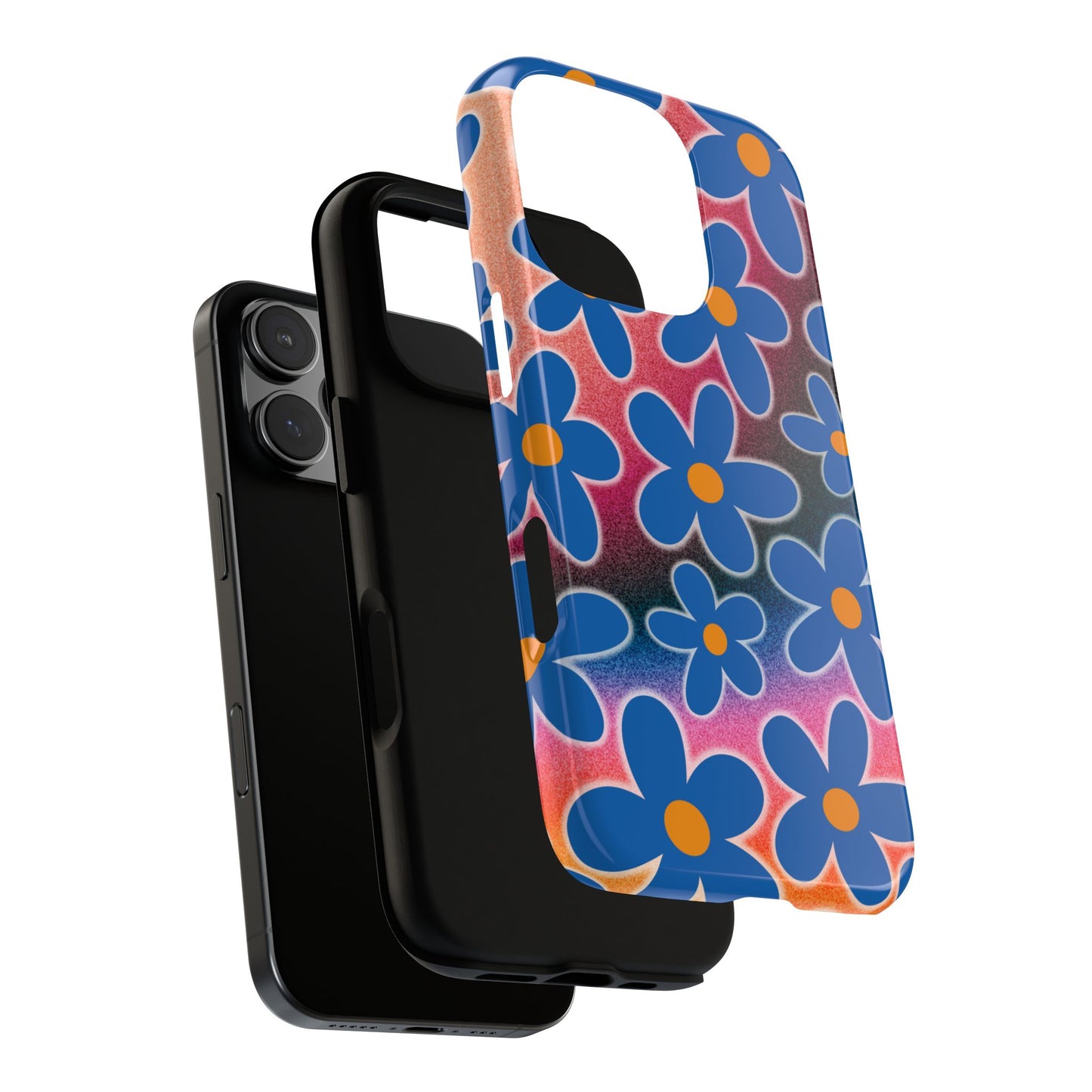 Retro Blue Flower Power Phone Case - 70s Psychedelic Tough Protective Cover for iPhone & Samsung