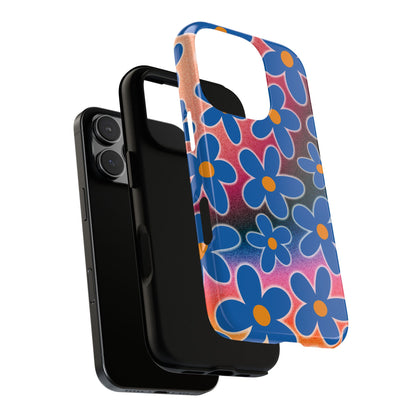 Retro Blue Flower Power Phone Case - 70s Psychedelic Tough Protective Cover for iPhone & Samsung
