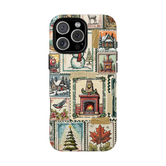 Vintage Christmas Postage Tough Phone Case - Retro Stamp Collage with Snowman & Fireplace