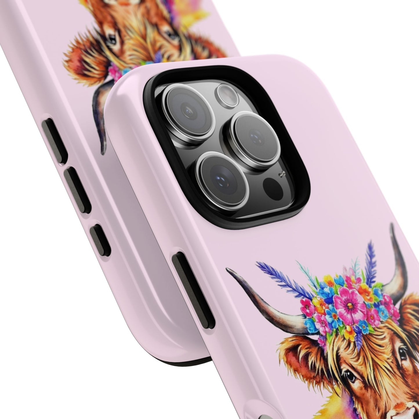 Highland Cow Phone Case - Boho Cow with Flowers & Beads - Psychedelic Watercolor Cow