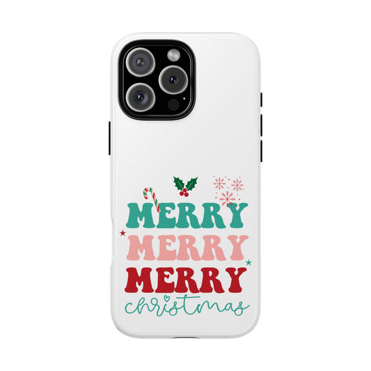 Merry Merry Merry Christmas Tough Phone Case - Retro Candy Cane Holiday Design
