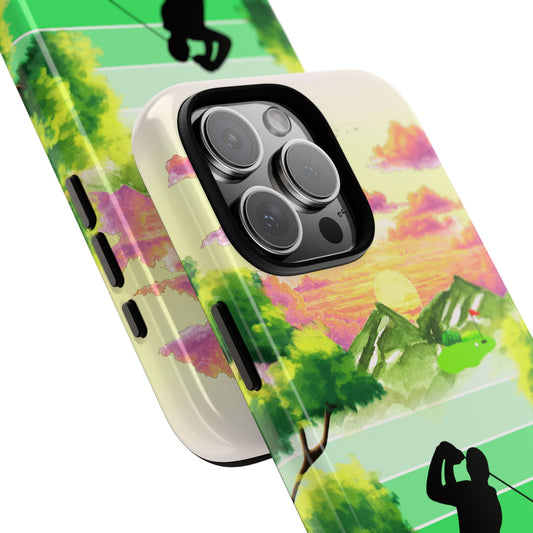 Golf Sunset Tough Phone Case - Golfer Silhouette Mountain Landscape Art