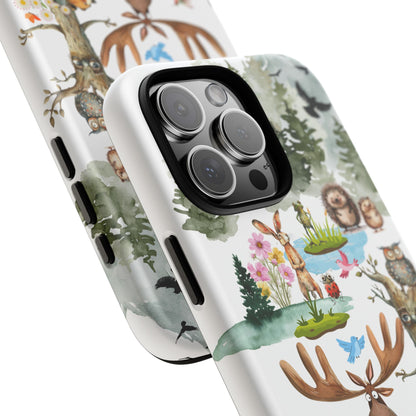 Woodland Friends Tough Phone Case - Forest Animals & Mountain Adventure Scene