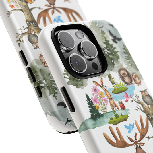 Woodland Friends Tough Phone Case - Forest Animals & Mountain Adventure Scene