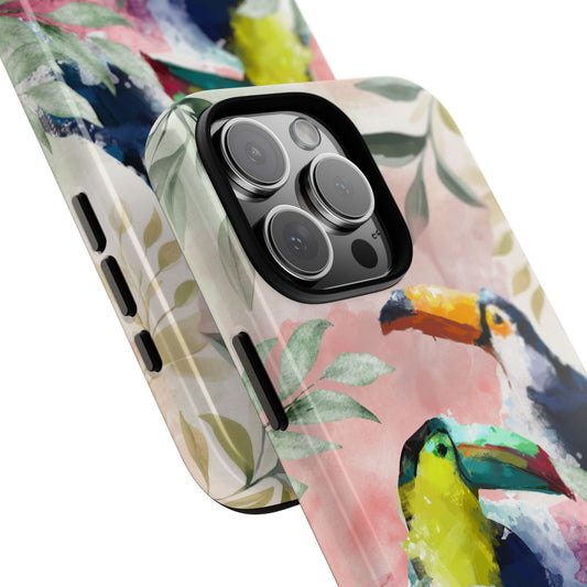 Toucan Watercolor Art Tough Phone case - Tropical Bird Leaf Design Phone Cover - Colourful Jungle Illustration Protective Case